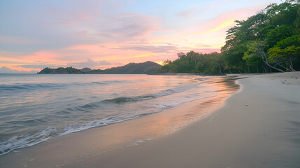 Fototapeta premium A serene beach scene at sunset with gentle waves and lush green trees along the shoreline view