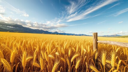 Golden wheat field stretches towards distant mountains under a vibrant blue sky with wispy cloud formations