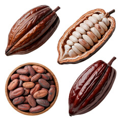 High quality cocoa beans pods seeds organic food dark rich cacao on transparent background