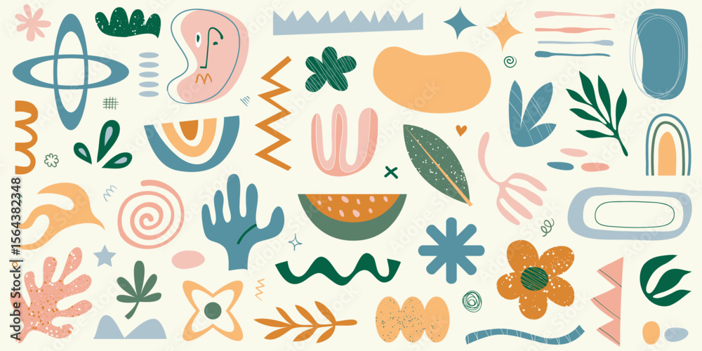 Aufkleber Geometric shapes floral elements lines and dots comprise a playful abstract composition against a light background
