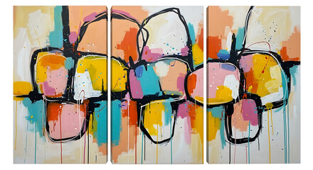 Vibrant abstract triptych painting featuring bold shapes and expressive brushstrokes in color