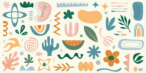 Geometric shapes floral elements lines and dots comprise a playful abstract composition against a light background