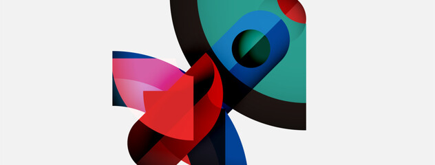 Abstract geometric shapes overlap, creating vibrant color contrasts. Composition features reds, blues, greens, blacks on white background.