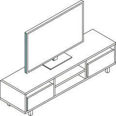 Isometric illustration of a television on a cabinet with drawers and shelves