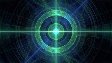 Obraz premium An abstract image features vibrant green and blue glowing concentric rings and intersecting lines radiating from a bright central point on a dark background, creating a mesmerizing and futuristic visu