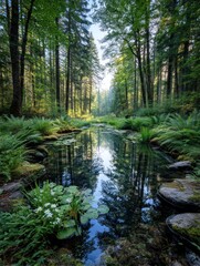 Obraz premium Peaceful forest pond reflection