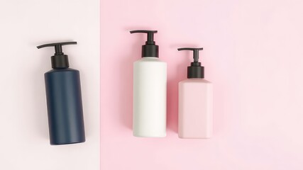 Obraz premium Three containers with pumps for liquids placed upon split background of pastel shades, soft colors