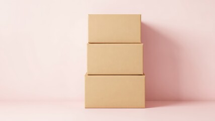 Obraz premium Stack of Brown Cardboard Boxes Against a Light Pink Background, Ready for Shipping or Delivery
