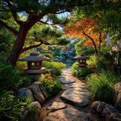 Peaceful garden path with lanterns