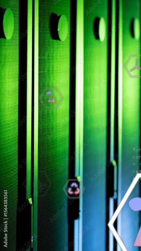 Poster animation of eco icons and data processing over computer servers