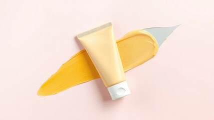 A Product Shot of a Cream Colored Tube with a Cream Smear on a Pale Pink Backdrop