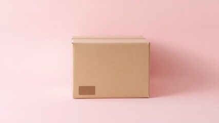 Fototapeta premium Plain brown cardboard box sits on a pale pink surface ready for shipment or storage or as a gift