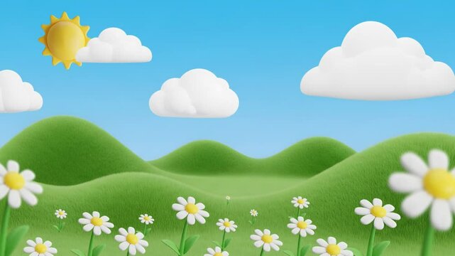 Colorful animated spring landscape with green rolling hills, daisies, and a bright sky full of fluffy clouds and shining sun