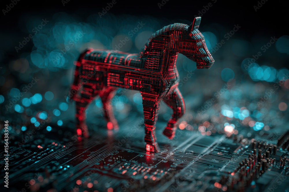 Wall mural a glowing circuit outline of a red horse stands on a circuit computer symbolizing a trojan horse vir