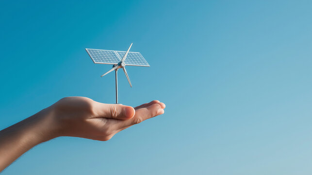 Hand holding solar panel and wind turbine model against sky. Ecofriendly concept for renewable energy, sustainable living, green technology themes.