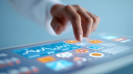 Finger interacting with futuristic tablet displaying data graphs. Ideal for technology, data analysis, digital innovation concepts in presentations, websites.