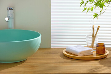 Japandi-inspired bath scene with pastel sink, tray of bath tools, and natural wood surface. Clear area on countertop suitable for cosmetic or hygiene product mockup displays.