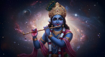 Naklejka premium A divine illustration of the Hindu deity Krishna playing his flute amidst a cosmic nebula, his celestial music creating universal harmony throughout the galaxy.