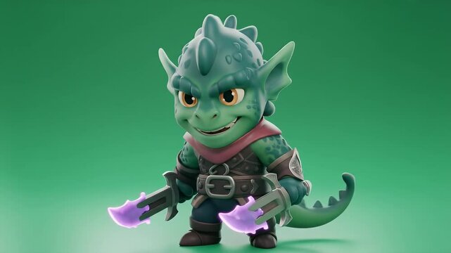 Animated Lizardman Warrior Character Holding Glowing Purple Swords Isolated Against Green Screen