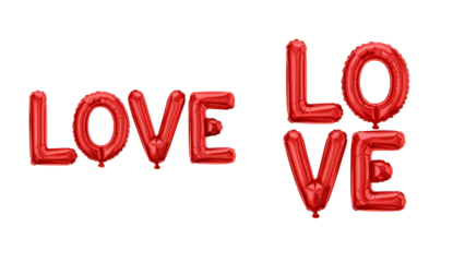 Red foil balloons spelling out the word love air card heart on transparent background