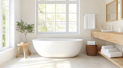 Fototapeta premium A modern and serene bathroom featuring a sleek bathtub, natural light, and minimal decor for a relaxing atmosphere.