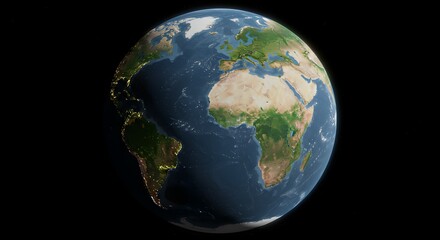 Fototapeta premium A highly detailed 3D rendering of planet Earth from space, showcasing a realistic view of the continents Europe and Africa with atmospheric haze and city lights.