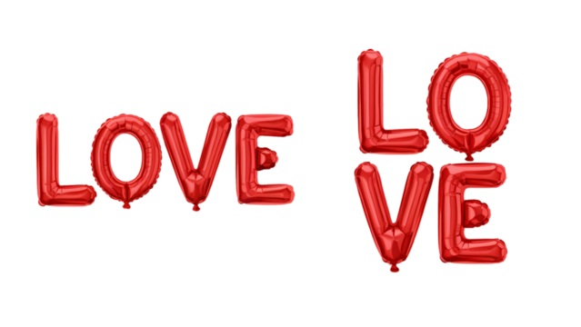 Red foil balloons spelling out the word love air card heart on transparent background