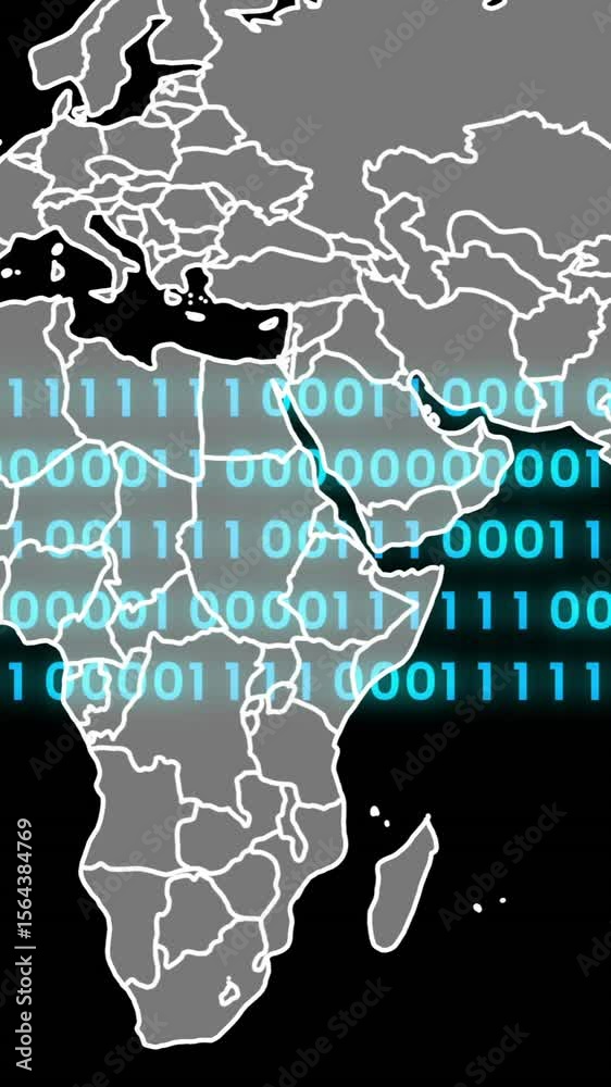 Aufkleber animation of binary coding, world map and data processing over black background