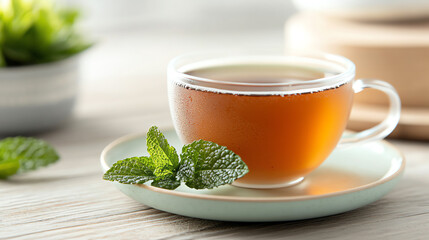 A refreshing cup of tea with mint leaves, ideal for relaxation and wellness. Perfect for enjoying a calm moment.