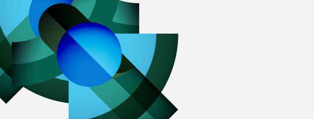 Abstract shapes, blue hues, green tones dominate composition. Modern design, clean lines, minimalist aesthetic present. Brightness contrasts with white space.