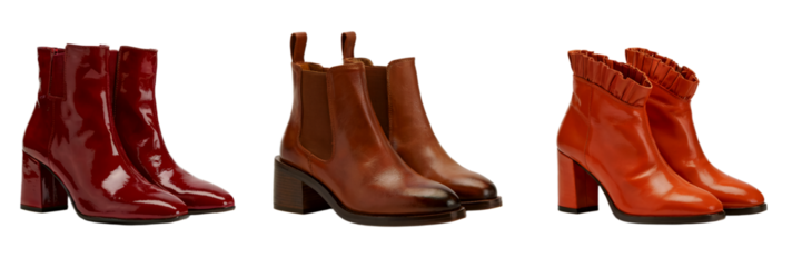 Stylish collection of autumn winter red brown boots high chic on transparent background