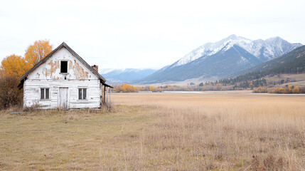 A rustic abandoned farmhouse stands against a breathtaking mountain backdrop, showcasing nature's beauty and quiet solitude.