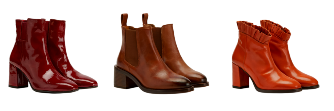 Stylish collection of autumn winter red brown boots high chic on transparent background