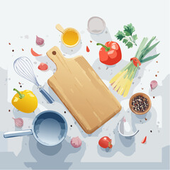 This vector features an overhead view of common kitchen utensils on a clean countertop. Bright, simple, and well-lit, it’s ideal for food content and kitchen-themed designs.