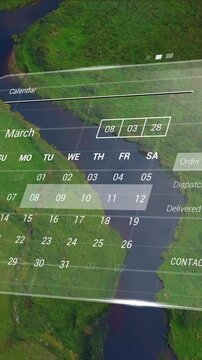 Animation of digital interface with calendar over landscape with river