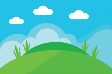 Obraz premium Simple green hill landscape illustration with blue sky and clouds offers a serene and peaceful feeling, perfect for backgrounds and designs.