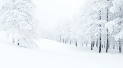 A serene winter landscape featuring snow-covered trees and a gentle slope leading into a foggy horizon, evoking calmness and tranquility.