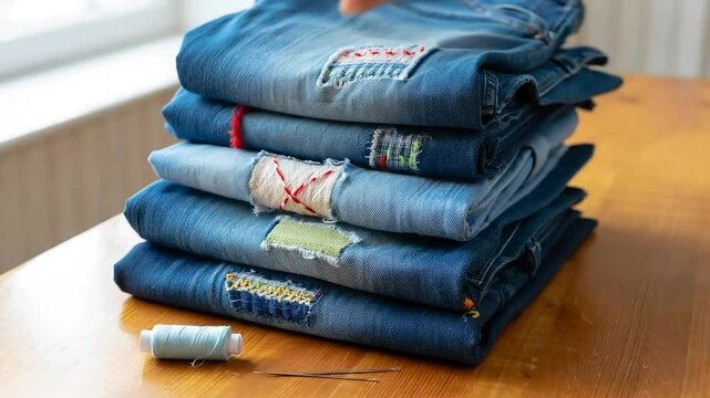 A stack of upcycled jeans with colorful, hand-stitched patches, a concept of sustainable fashion and creative repair