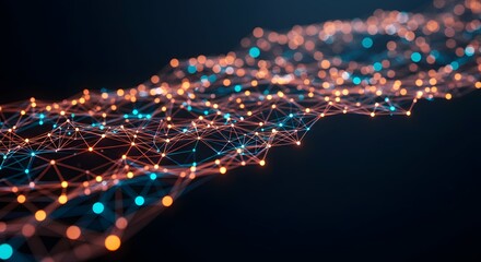 Abstract futuristic technology background with a digital wave of interconnected data points. A complex plexus of glowing nodes forming a neural network.