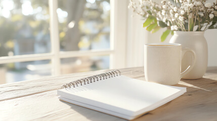 A serene workspace featuring a notebook, coffee mug, and fresh flowers, perfect for inspiring creativity and relaxation.