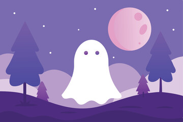 Obraz premium Ethereal Encounter A Ghostly Silhouette Under the Moonlit Sky, Conjuring Spooky Charm and Halloween Night Magic