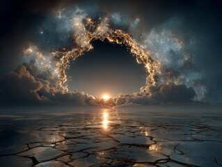 An abstract vision of the sun vanishing leaving earth crumbling into fragments floating in colorful cosmic clouds