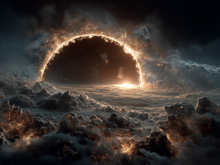 An abstract vision of the sun vanishing leaving earth crumbling into fragments floating in colorful cosmic clouds