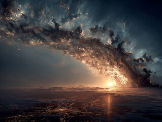 An abstract vision of the sun vanishing leaving earth crumbling into fragments floating in colorful cosmic clouds