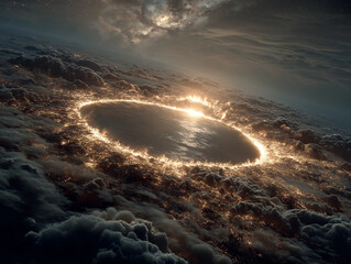 An abstract vision of the sun vanishing leaving earth crumbling into fragments floating in colorful cosmic clouds