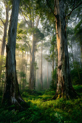 Majestic Dawn in the Timber Forest: Embracing Nature's Serene Splendor as Sunlight Dances Through Ancient Trees