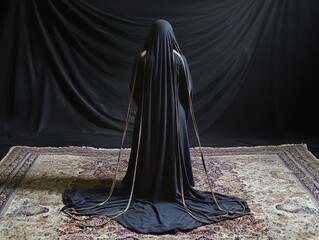 Woman in Black Chador Performing Resistance Band Exercises on Ornate Rug