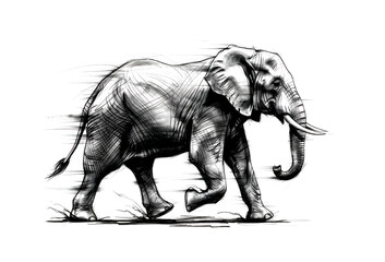 Fototapeta premium Black and white sketch of a running elephant with dynamic lines. Wildlife Animals.