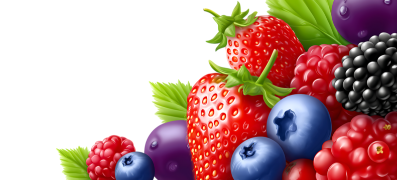 Illustration of various berries background in different shapes and colors isolated on a transparent background