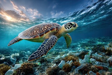 Fototapeta premium Sea turtle swimming amidst plastic pollution